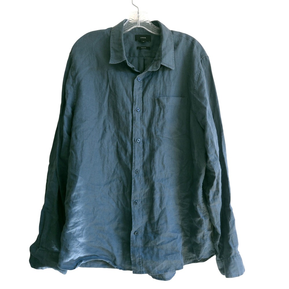 Vince Large Linen Button Down Shirt Mens Teal Blue Classic Fit MS1581385